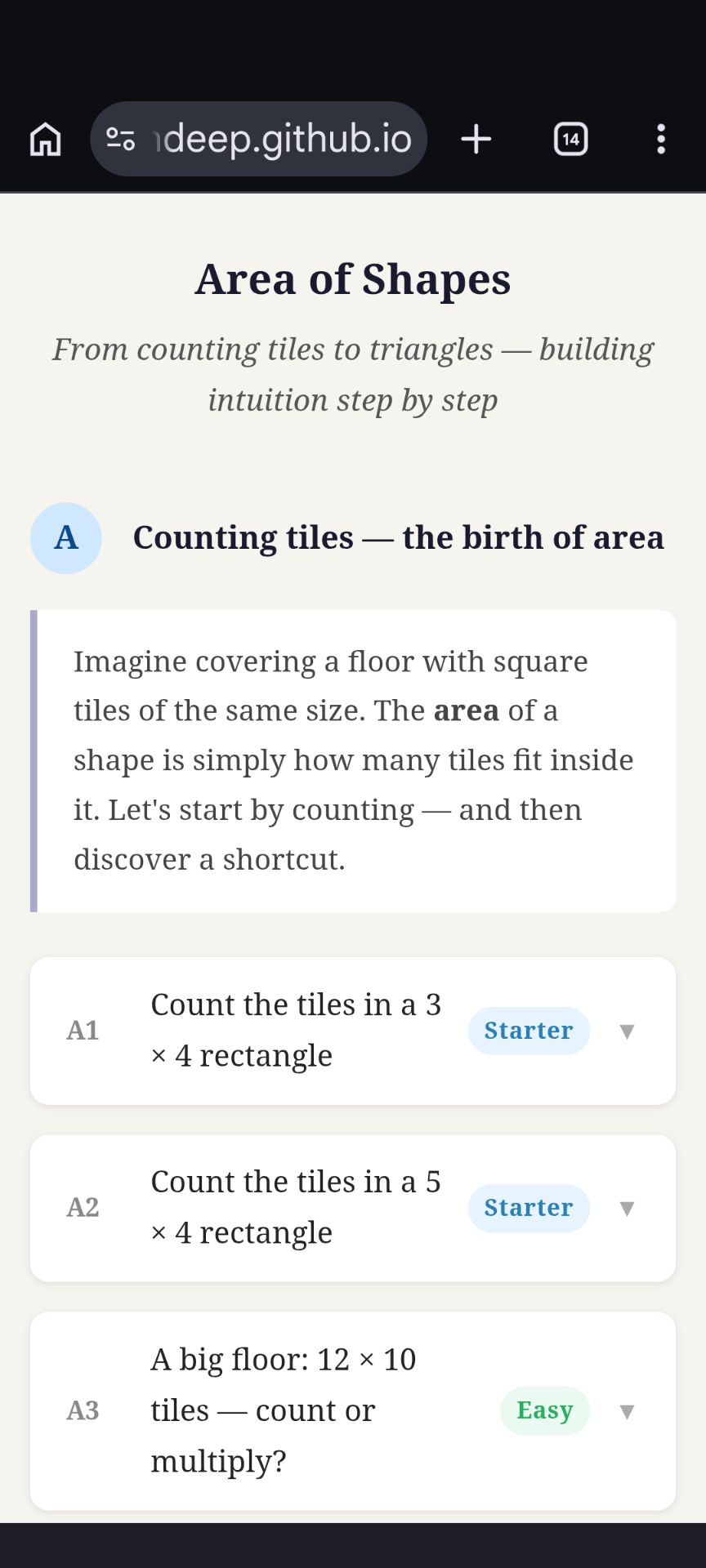 Area of Shapes — interactive tile-counting tool