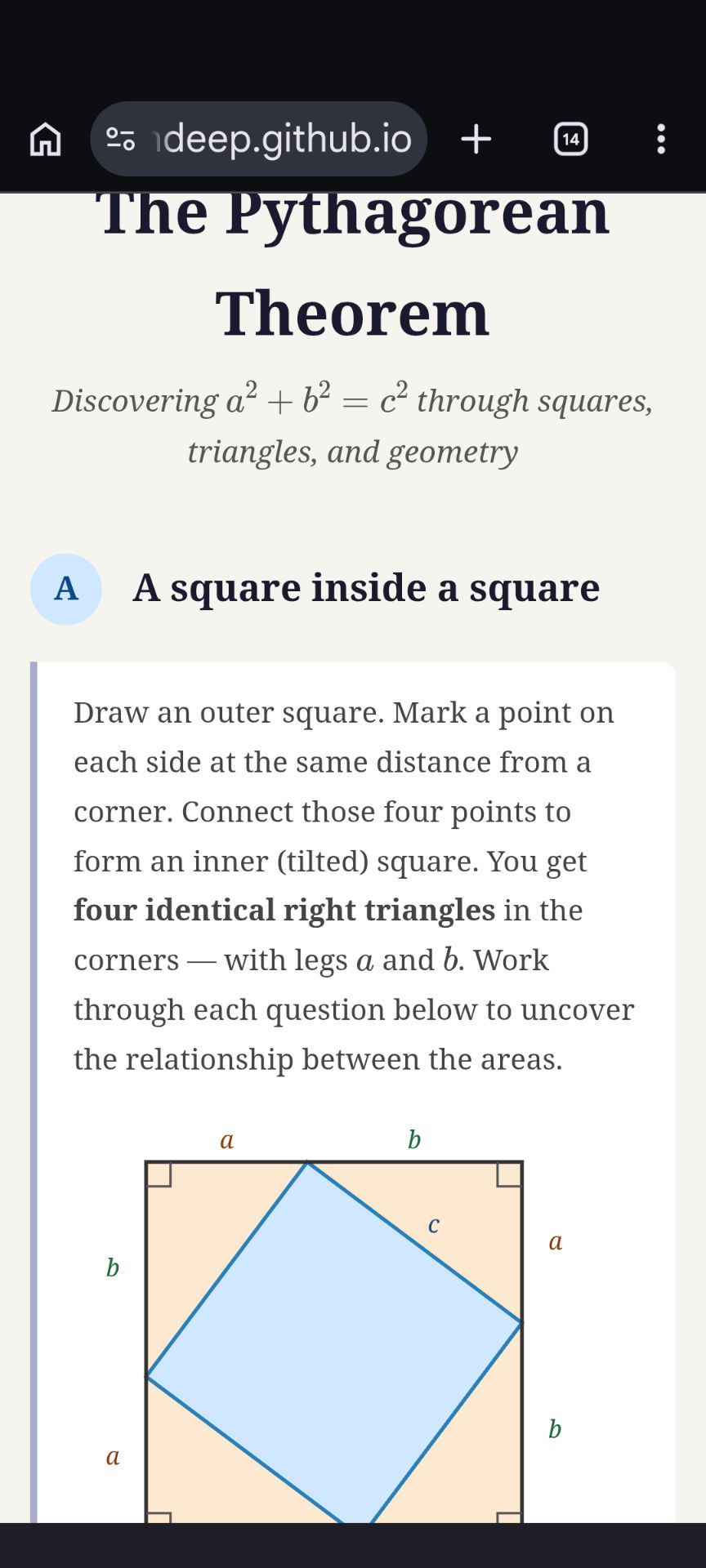 Pythagorean Theorem — discovering a² + b² = c² through guided geometry